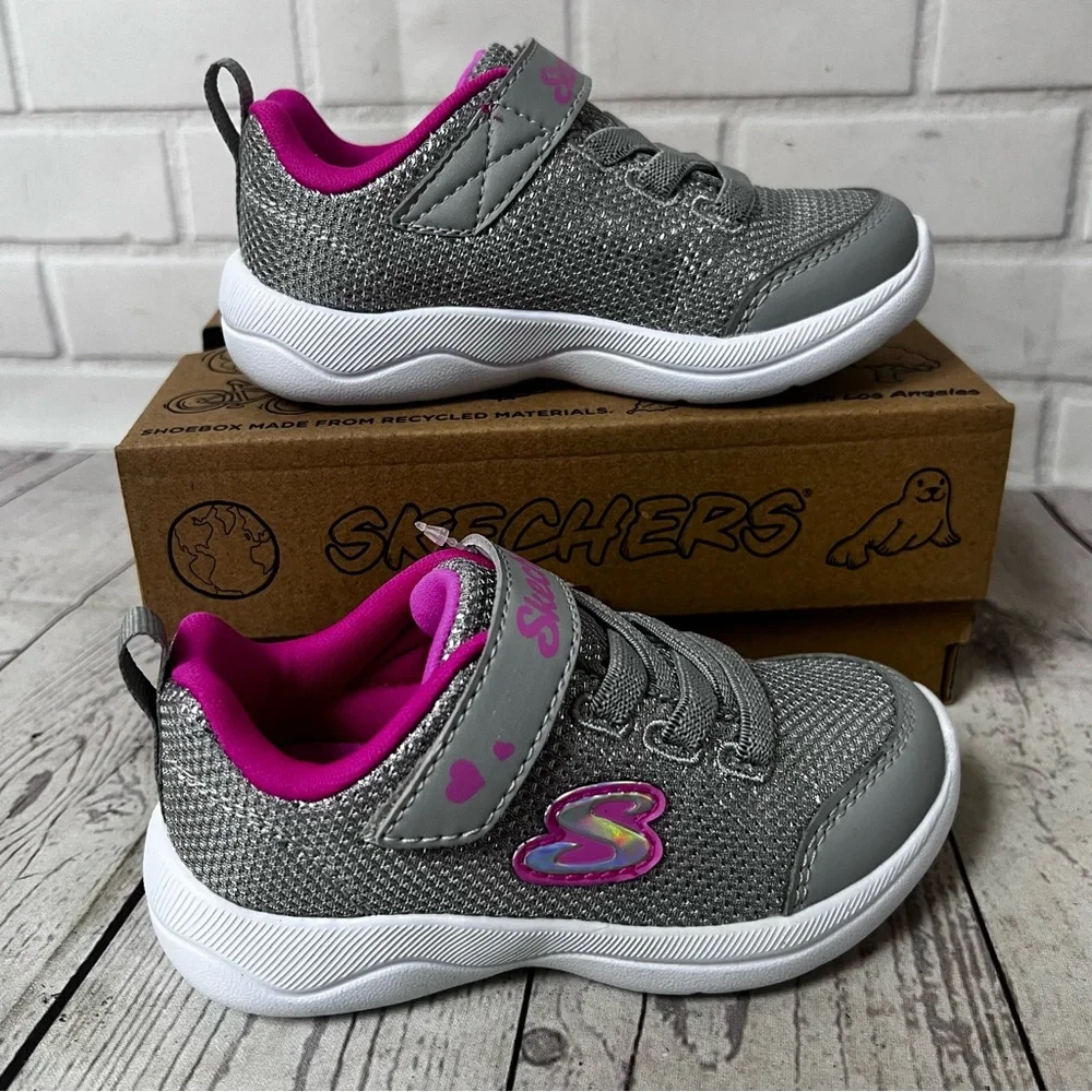 Girl Sz 7 Skechers Toddler Easy Peasy 302885N Gray Pink Silver Washable Sneaker